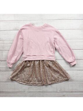 Gap Kids Girls Pink Sweatshirt Dress With Gold Sequin Skirt M 8-9